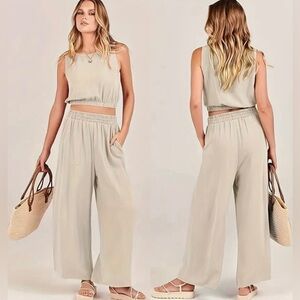 NWT New Linen Two Piece Solid Set Crop Top Wide Leg High Waist Pants Pockets